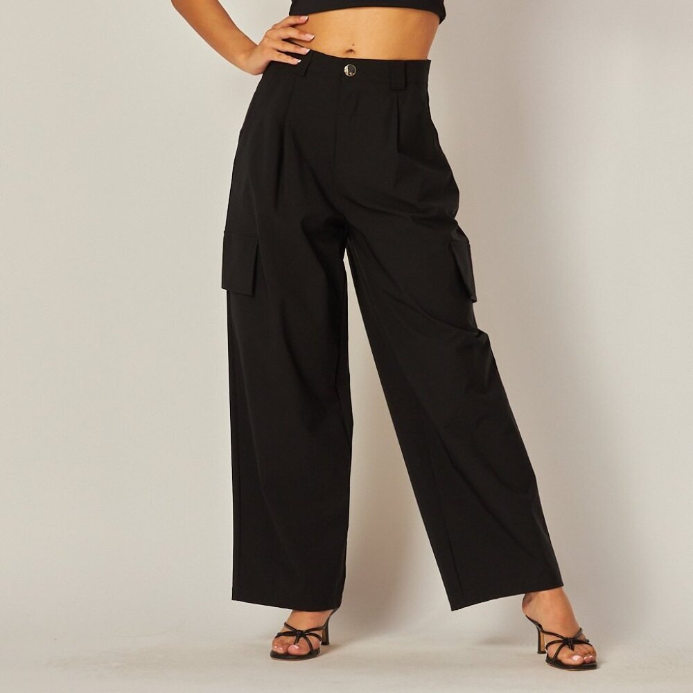LOVE POEM BY BLOCK Black Cargo Wide Leg Trousers | Chic High Waist Utility Pants - Picture 2 of 4